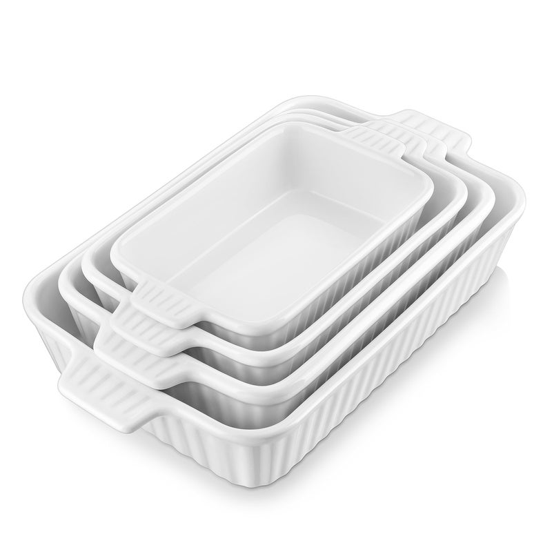 MALACASA Casserole Dishes for Oven Porcelain Baking Dishes Ceramic Bakeware Sets of 4 Rectangular Lasagna Pans Deep with Handles for Baking Cake Kitchen White 94111122147 Series
