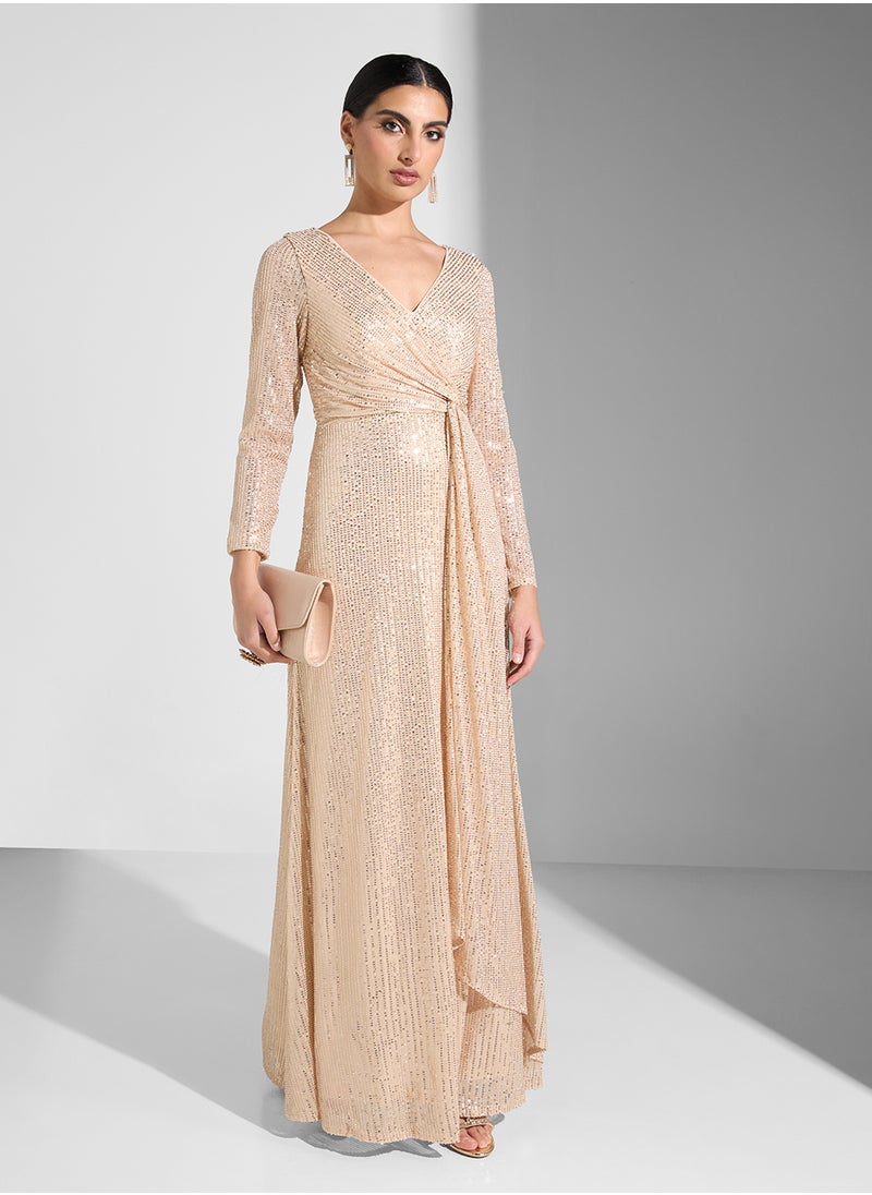 Little Mistress - Sequin Long Sleeve V-Neck Knot Detail  Dress - Image 1