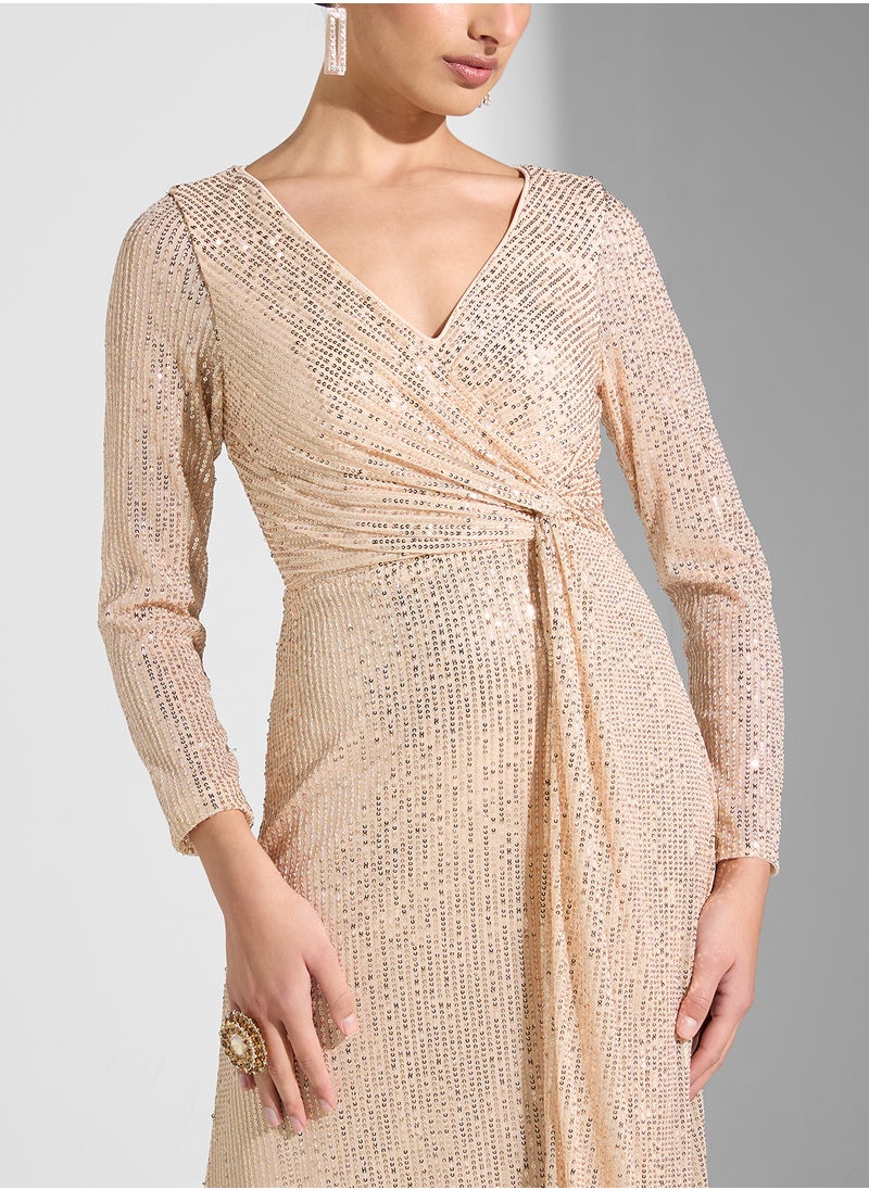 Little Mistress - Sequin Long Sleeve V-Neck Knot Detail  Dress - Image 1