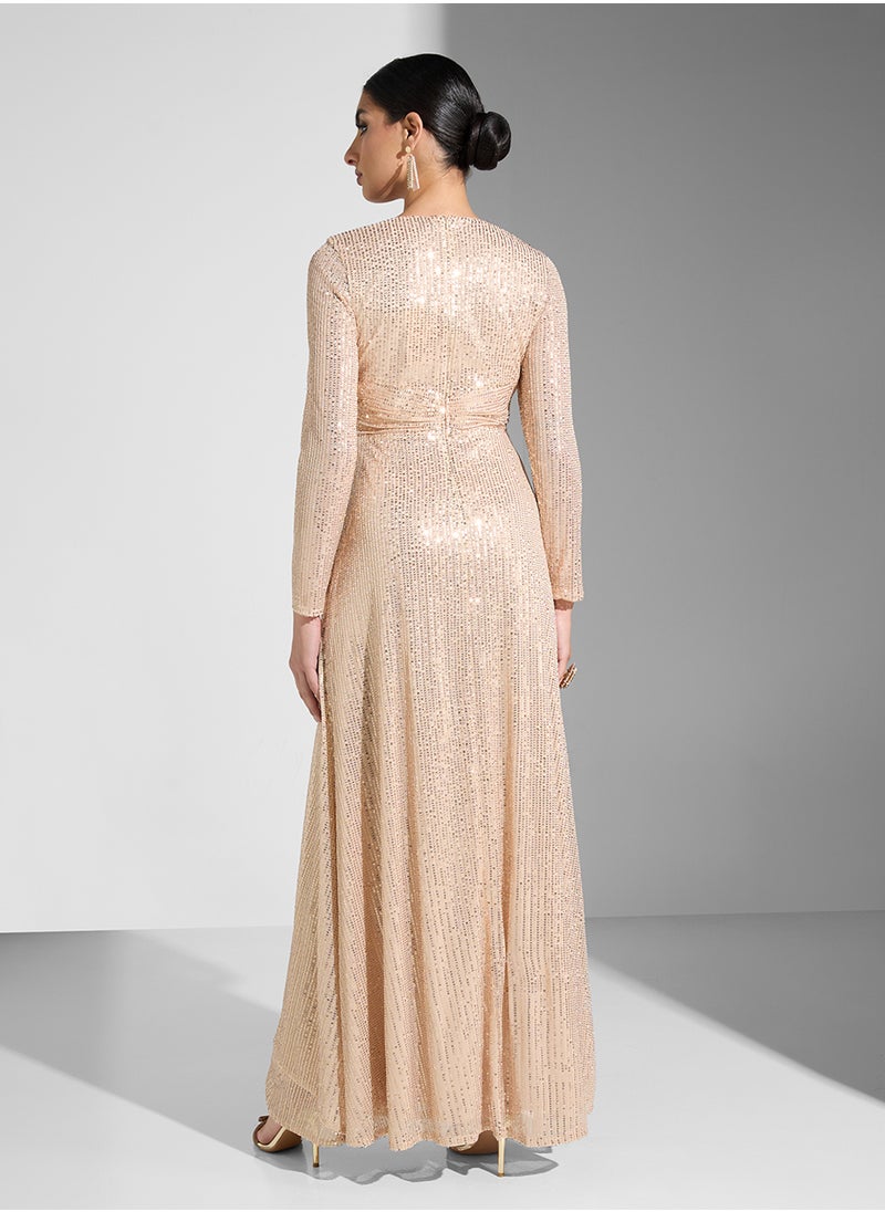 Little Mistress - Sequin Long Sleeve V-Neck Knot Detail  Dress - Image 1