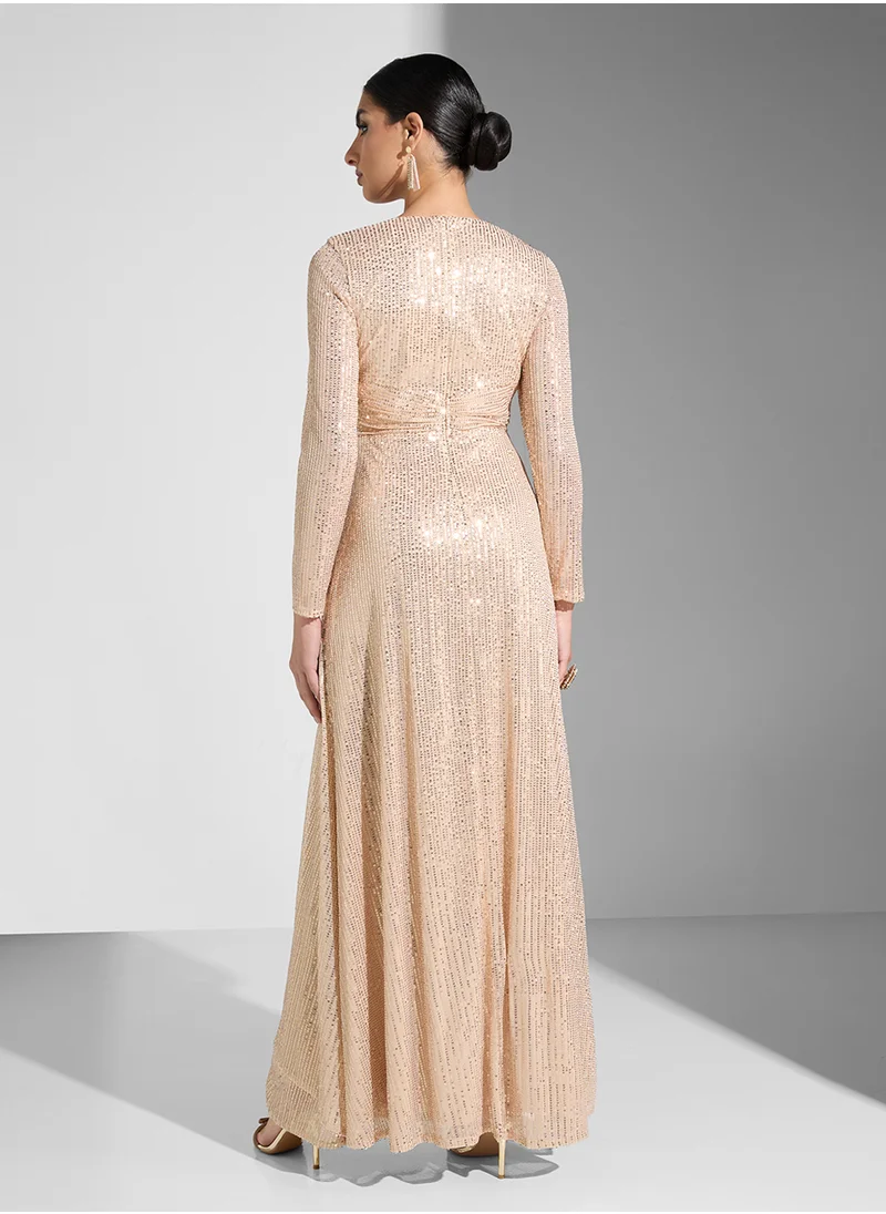 ليتل مسترس Sequin Long Sleeve V-Neck Knot Detail  Dress