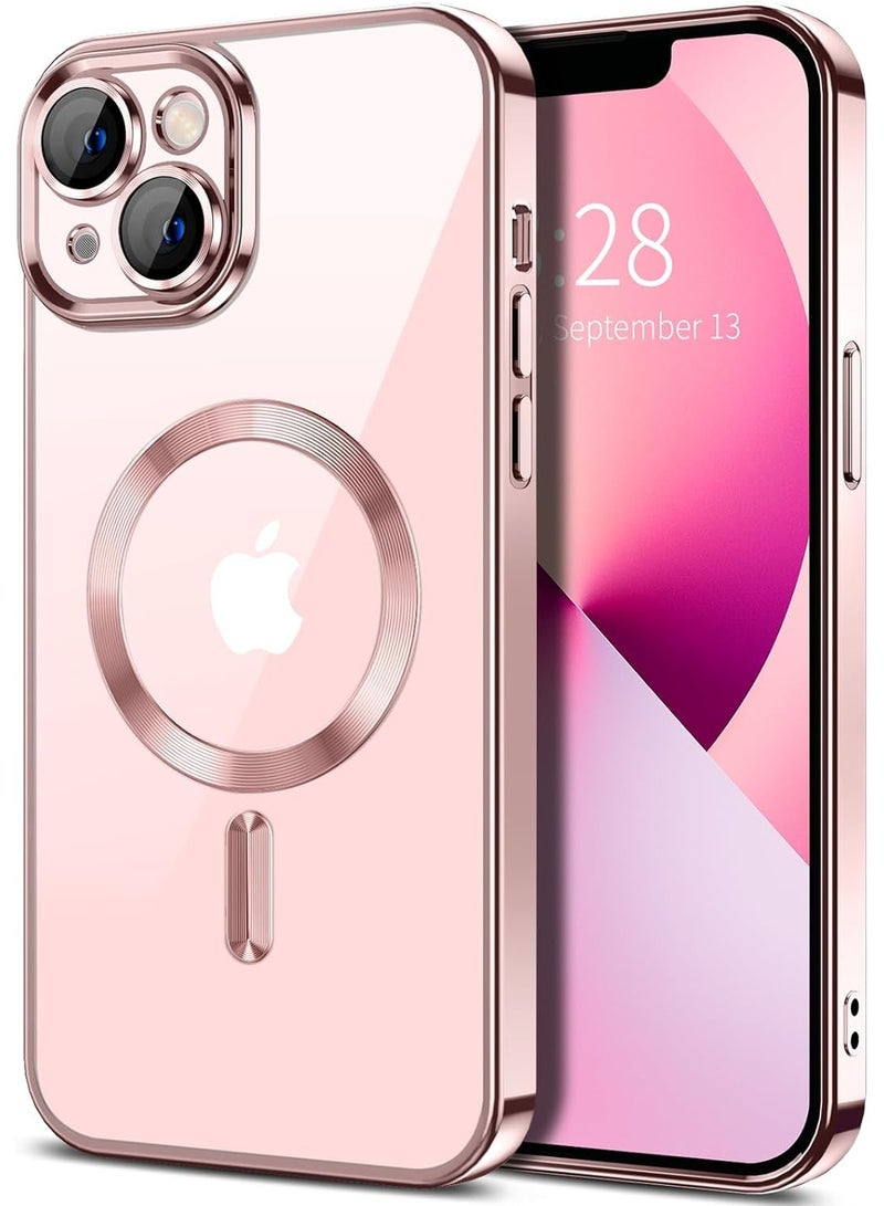 Electroplated Case For IPhone 14 Plus/15 Plus Camera Lens Full Protection Compatible with MagSafe Wireless Charging, Shockproof Soft TPU Phone Magnetic Cover (Rose Gold) - Image 1