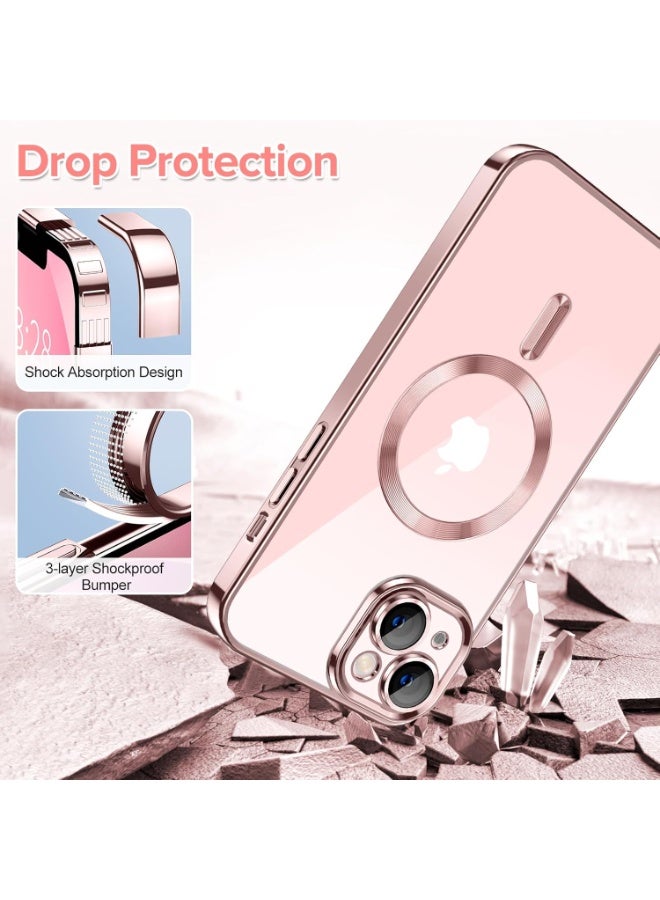 Electroplated Case For IPhone 14 Plus/15 Plus Camera Lens Full Protection Compatible with MagSafe Wireless Charging, Shockproof Soft TPU Phone Magnetic Cover (Rose Gold) - Image 3