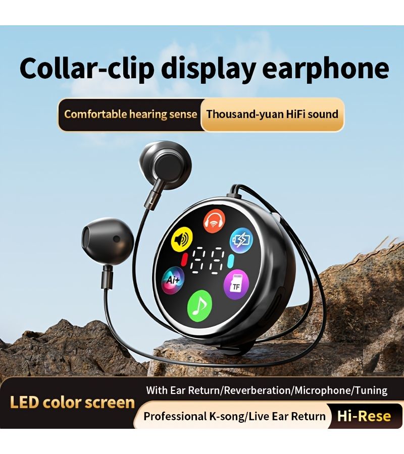 Clip On Wireless Earbuds Round Black Music Player Battery Display Karaoke - Image 4