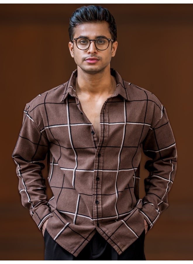 Maniac Maniac Mens Embroider Checks Full Sleeve Brown Cotton Shirt  - Image 4