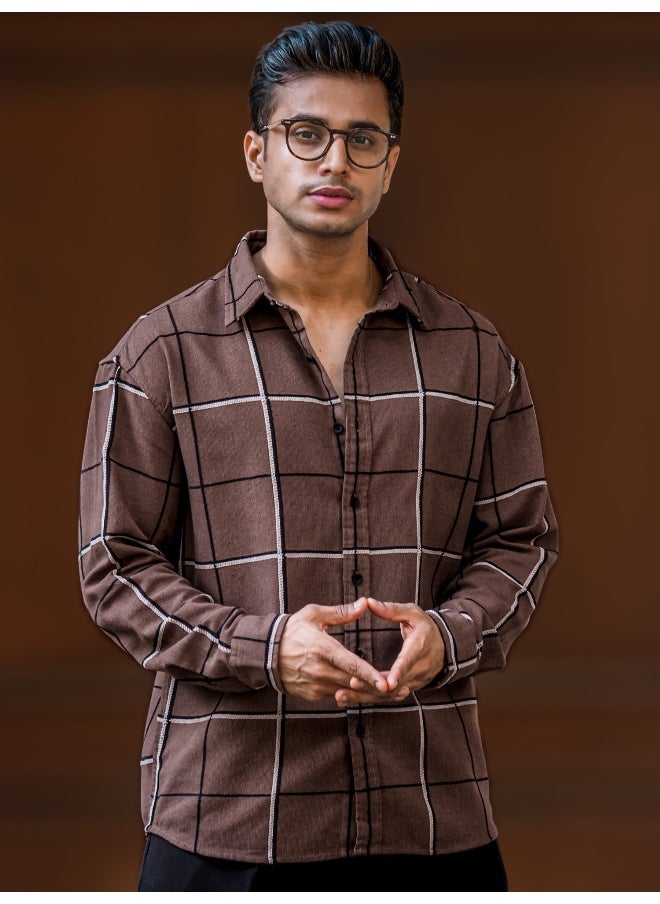 Maniac Maniac Mens Embroider Checks Full Sleeve Brown Cotton Shirt  - Image 2