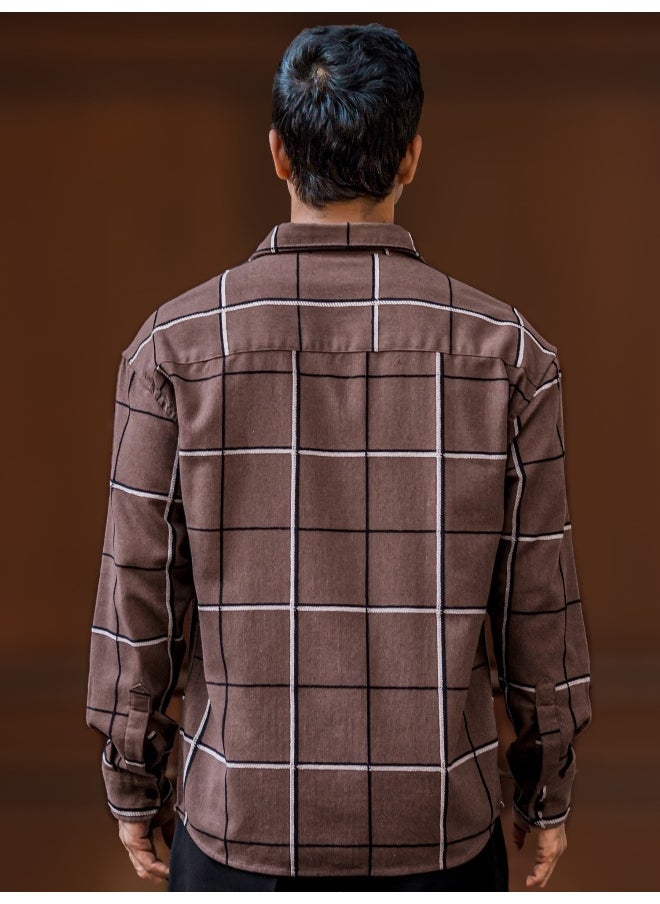 Maniac Maniac Mens Embroider Checks Full Sleeve Brown Cotton Shirt  - Image 5