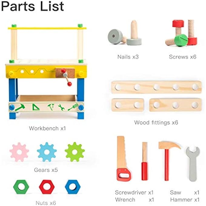 SOLID WOOD TODDLERS WORKBENCH TOOL STAND SET, STAND UP WORKSHOP CONSTRUCTION WORK BENCH PLAY SET, DIY EDUCATIONAL LEARNING - Image 5