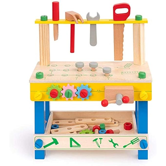 SOLID WOOD TODDLERS WORKBENCH TOOL STAND SET, STAND UP WORKSHOP CONSTRUCTION WORK BENCH PLAY SET, DIY EDUCATIONAL LEARNING - Image 2