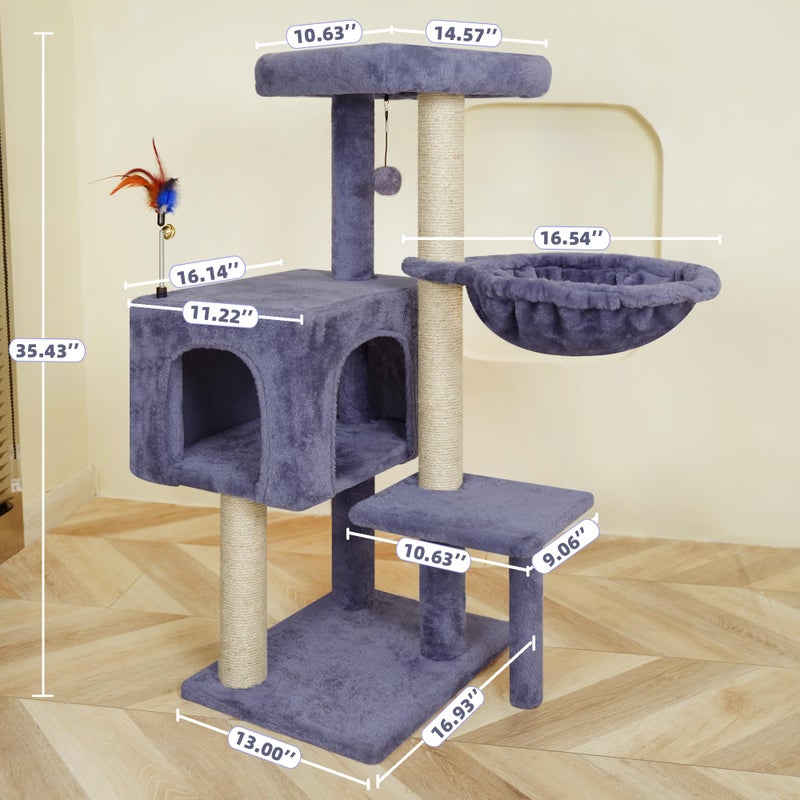 AIWIKIDE 35.4'' Multifunction Cat Tree with Cozy Hammock & Hanging Ball, Cat Tower with Activity Cat Condo & Jute-Covered Scratching Posts, Grey - Image 2
