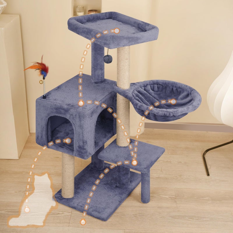 AIWIKIDE 35.4'' Multifunction Cat Tree with Cozy Hammock & Hanging Ball, Cat Tower with Activity Cat Condo & Jute-Covered Scratching Posts, Grey - Image 3