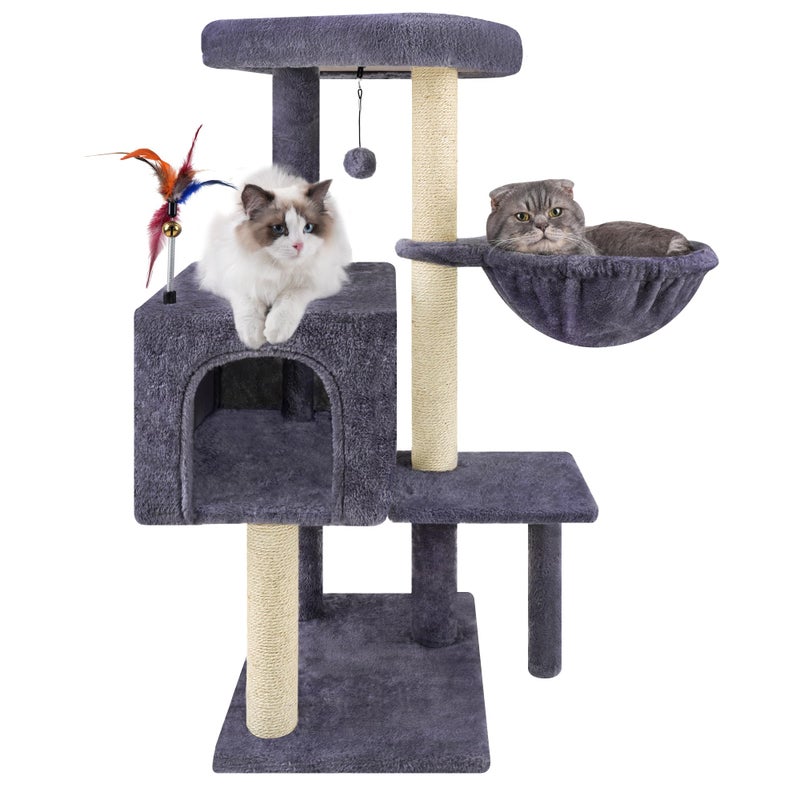 AIWIKIDE 35.4'' Multifunction Cat Tree with Cozy Hammock & Hanging Ball, Cat Tower with Activity Cat Condo & Jute-Covered Scratching Posts, Grey - Image 1