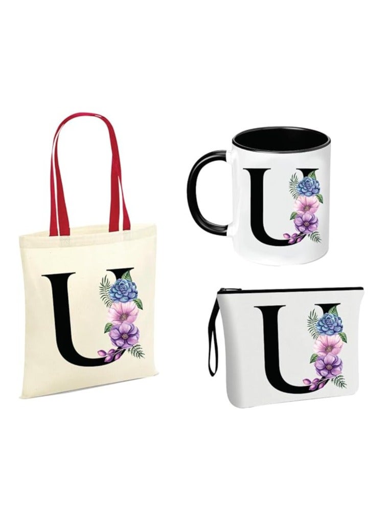 PRINTSHOP4ME Initial Letters Canvas Cotton Tote Bag With Red Handle and Cosmetic pouch for girls - Mug gifts - Pack of 3 Combo set -Giftset for wedding - Gifts for girls - Gift for friends - Image 1