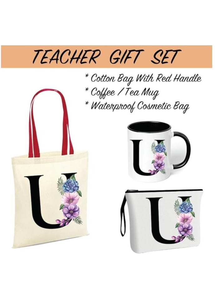 PRINTSHOP4ME Initial Letters Canvas Cotton Tote Bag With Red Handle and Cosmetic pouch for girls - Mug gifts - Pack of 3 Combo set -Giftset for wedding - Gifts for girls - Gift for friends - Image 2