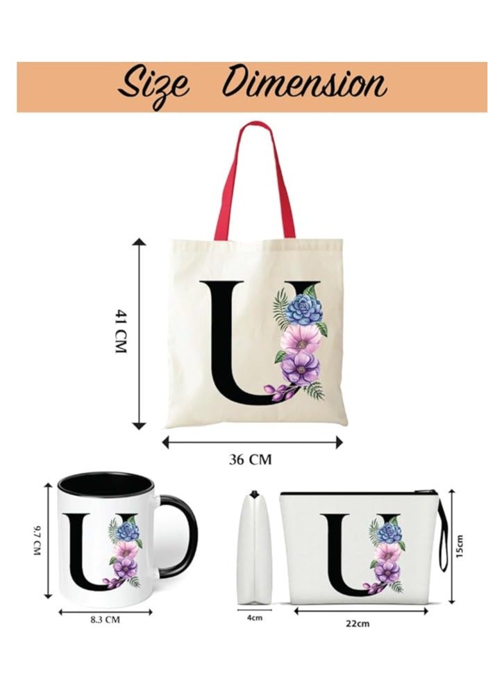 PRINTSHOP4ME Initial Letters Canvas Cotton Tote Bag With Red Handle and Cosmetic pouch for girls - Mug gifts - Pack of 3 Combo set -Giftset for wedding - Gifts for girls - Gift for friends - Image 3