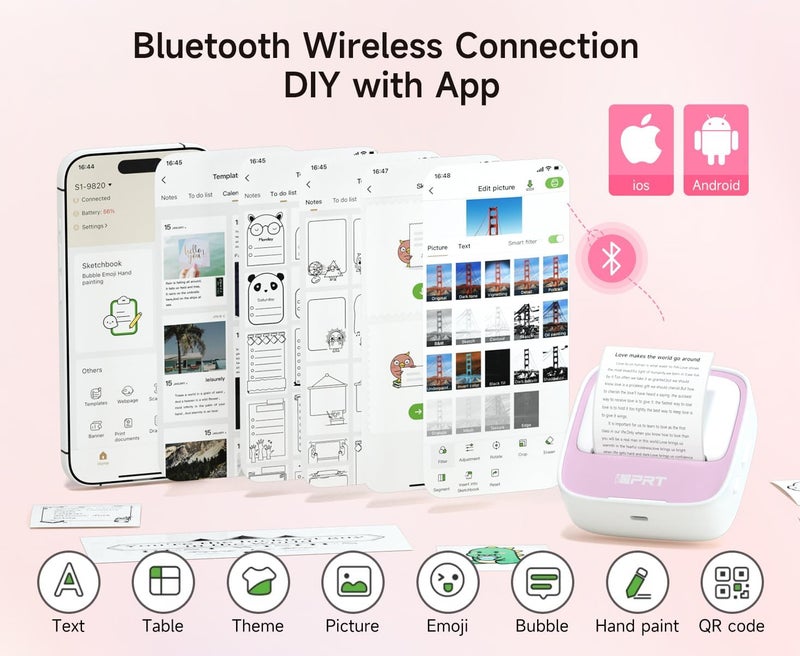 iDPRT طابعة iDPRT الصغيرة مع لفة واحدة من ورق الملصقات، آلة صنع الملصقات المحمولة فعالة وسريعة، طابعة حرارية لملاحظات الدراسة والصور والأعمال اليدوية والملصقات، تطبيق مجاني مع قوالب متعددة، اللون الوردي - Image 2