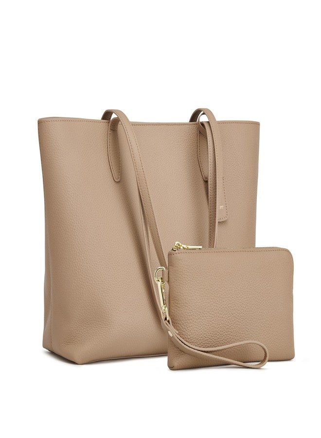 Kattee Leather Tote Bags for Women Shoulder Purses and Handbags Travel Work Bags with Wristlet Wallet 2-in-1 Apricot - Image 1