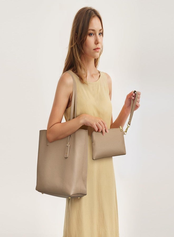 Kattee Leather Tote Bags for Women Shoulder Purses and Handbags Travel Work Bags with Wristlet Wallet 2-in-1 Apricot - Image 2