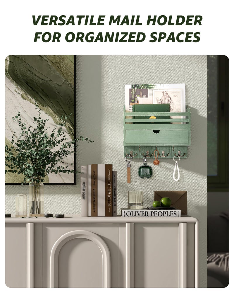 Rebee Vision Pine Wood Mail and Key Organizer for Wall â€“ Farmhouse Mail Organizer Wall Mounted with 7 Sturdy Hooks & Drawer Storage â€“ Apartment Essentials for Stylish Home Decor (Green) - Image 4