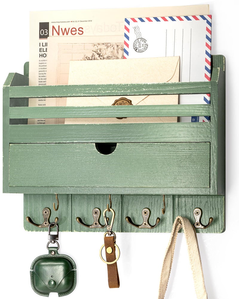 Rebee Vision Pine Wood Mail and Key Organizer for Wall â€“ Farmhouse Mail Organizer Wall Mounted with 7 Sturdy Hooks & Drawer Storage â€“ Apartment Essentials for Stylish Home Decor (Green) - Image 1