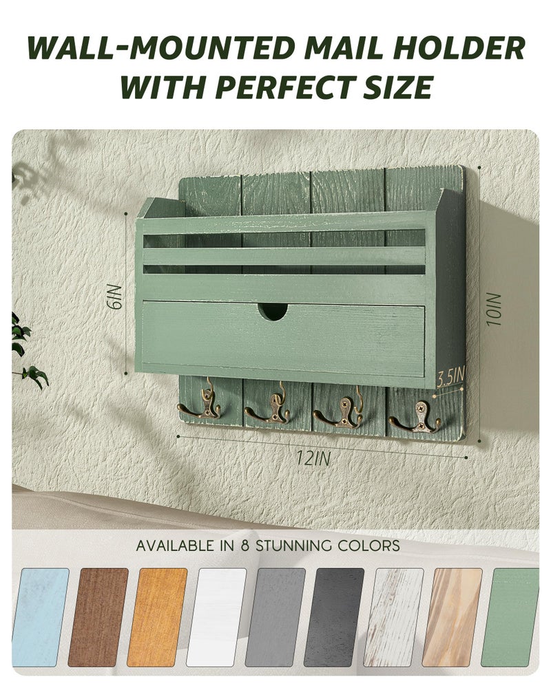Rebee Vision Pine Wood Mail and Key Organizer for Wall â€“ Farmhouse Mail Organizer Wall Mounted with 7 Sturdy Hooks & Drawer Storage â€“ Apartment Essentials for Stylish Home Decor (Green) - Image 2