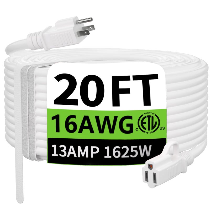 HUANCHAIN Indoor Outdoor White Extension Cord 20 ft Waterproof 163 Gauge Flexible ColdResistant Appliance Extension Cord Outside 13A 1625W 16AWG SJTW 3 Prong Electric Cord ETL