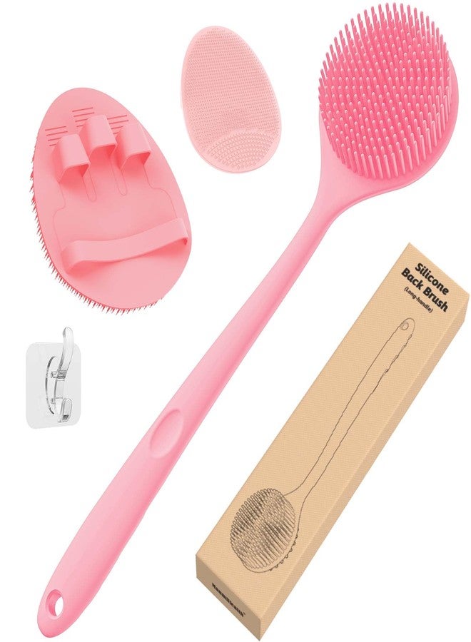 مانمي هيلث مجموعة مانمي هيلث من ليفة الظهر المصنوعة من السيليكون (شعيرات رفيعة) وقفاز الاستحمام وفرشاة الوجه (3 قطع)، ليفة تقشير فائقة ورغوة غنية للجسم، فرشاة استحمام، ليفة وجه مدمجة، مع خطاف مجاني. (وردي) - Image 1