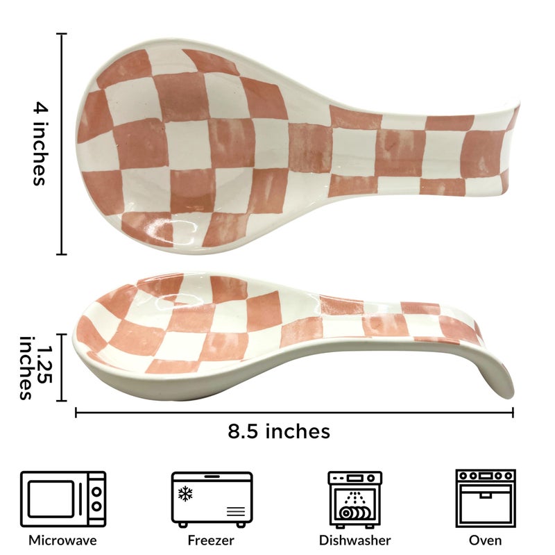BIEN BEAU Checkered Spoon Rest for Kitchen Counter - Cooking Spoon Holder for Stove Top - Large Utensil Spatula Spoon Rest - Cute Kitchen Gadgets Gift for Housewarmings - Distressed Checkerboard Pink and White - Image 3