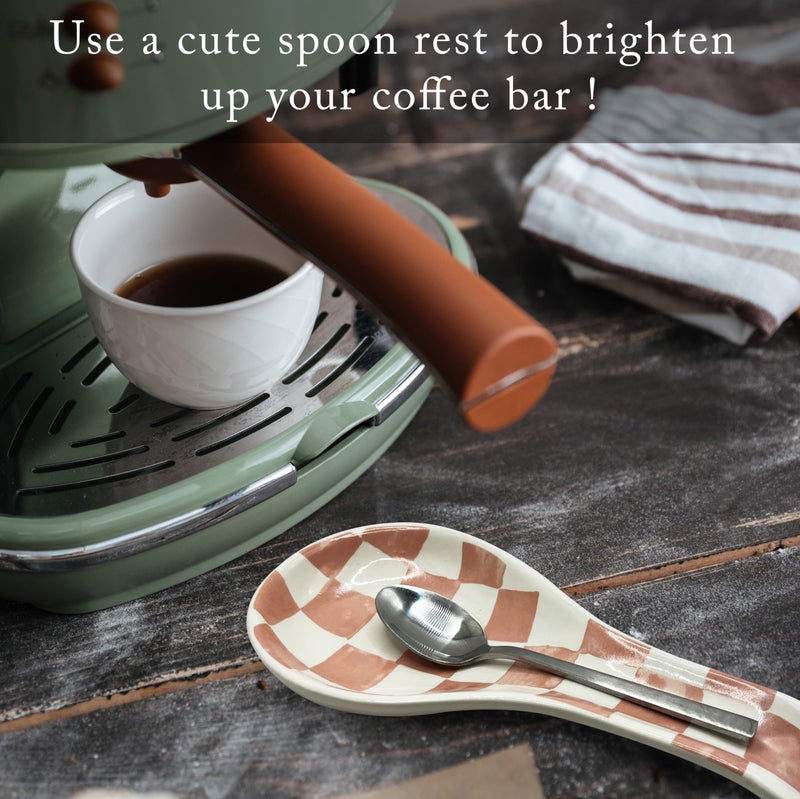 BIEN BEAU Checkered Spoon Rest for Kitchen Counter - Cooking Spoon Holder for Stove Top - Large Utensil Spatula Spoon Rest - Cute Kitchen Gadgets Gift for Housewarmings - Distressed Checkerboard Pink and White - Image 4