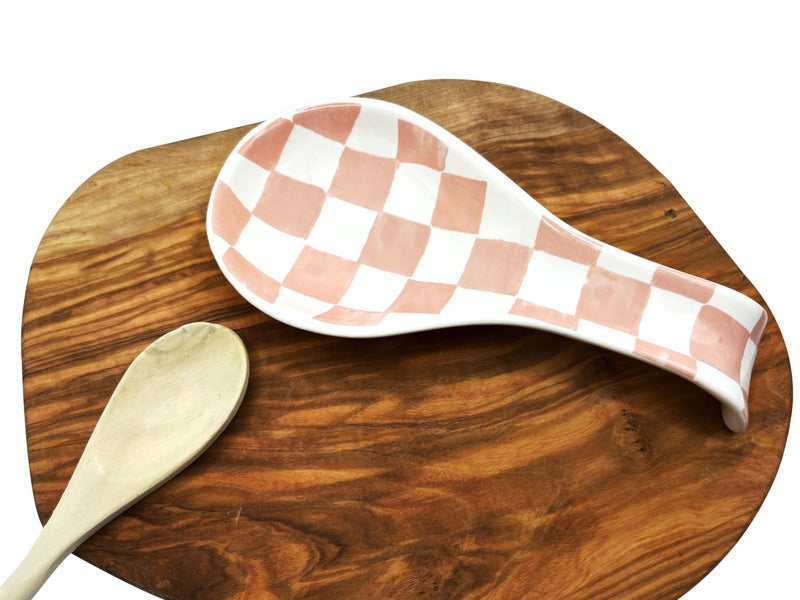 BIEN BEAU Checkered Spoon Rest for Kitchen Counter - Cooking Spoon Holder for Stove Top - Large Utensil Spatula Spoon Rest - Cute Kitchen Gadgets Gift for Housewarmings - Distressed Checkerboard Pink and White - Image 1
