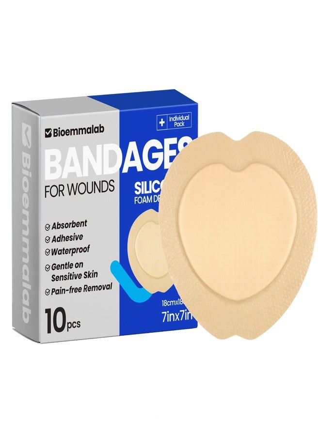 Bioemmalab Large Waterproof Bandages Wound Care 7"x 7" Silicone Foam Dressings Sensitive Skin,10 PCS, Adhesive Bordered Pads for Bed Sore Pressure Relief Sacral Buttocks, Showering, Sterile Sacrum Care - Image 1