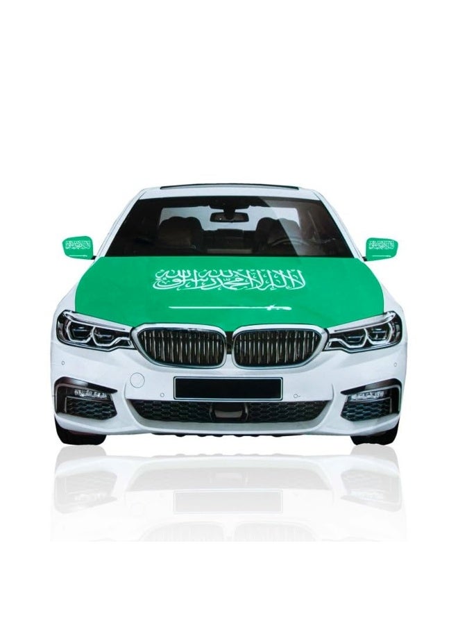 Agc Saudi Flag Design Car Bonnet Cover Set Including 2 Side Mirror Covers, Car Pendant and Keychain Stretchable Material to Fit Any Car Size Perfect for Celebrating National Events GN108002 - Image 1