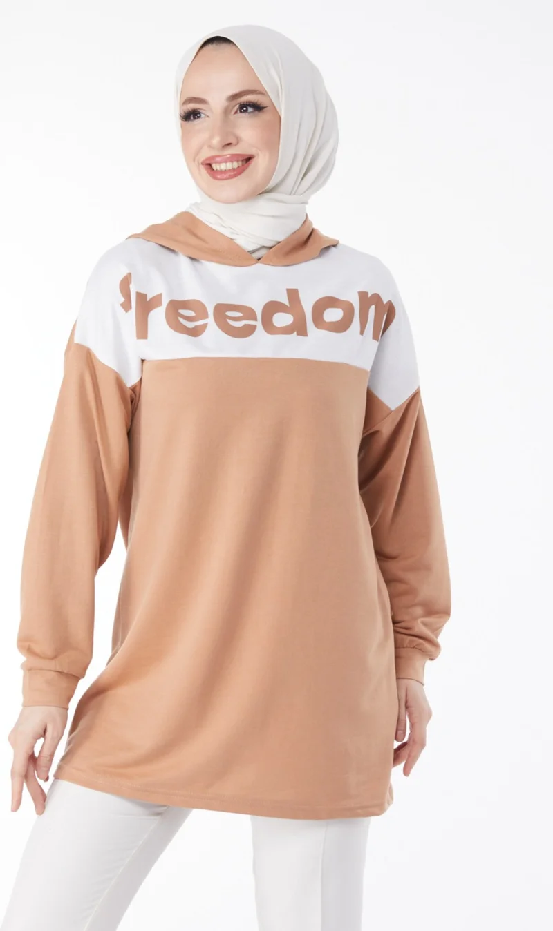 Tofisa Plain Hooded Collar Women's Biscuit Printed Hooded Sweatshirt - 13134