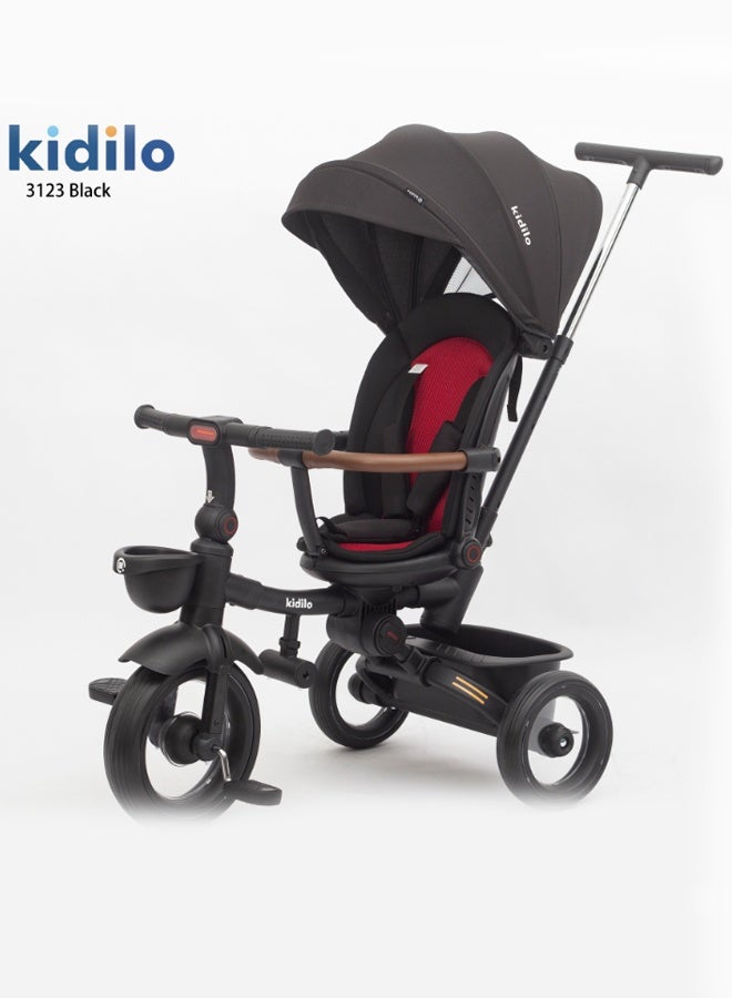 Kidilo 3 in 1 Tricycle for Kids | Toddler Trike for Kids Girls and Boys with Parent Handle, Canopy, Light & Music, Adjustable Push Handle, Guardrail, Baby Stroller Tricycle for 1-5 Years (Black) - Image 1