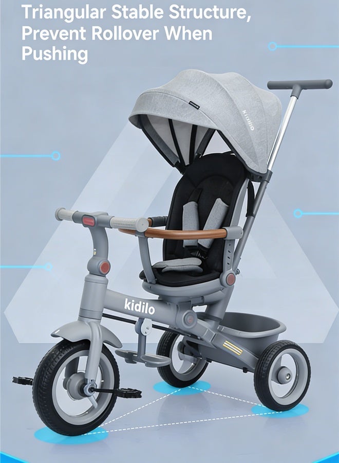 Kidilo 3-in-1 Children's Tricycle | Suitable for children aged 1-5, this toddler tricycle features a parent handle, sunshade, adjustable push bar, and guardrail. (Black) - Image 2