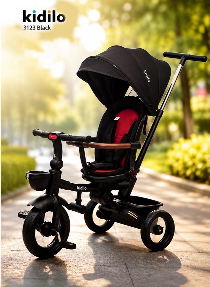 Kidilo 3-in-1 Children's Tricycle | Suitable for children aged 1-5, this toddler tricycle features a parent handle, sunshade, adjustable push bar, and guardrail. (Black) - Image 1