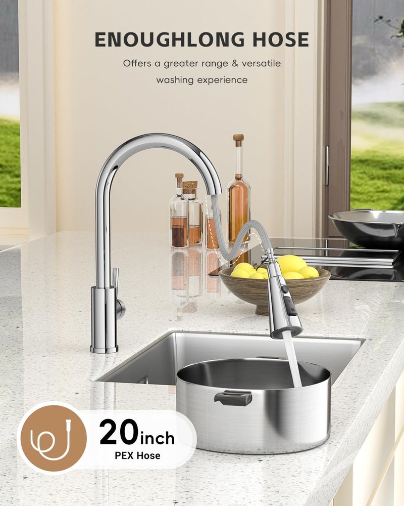 DAYONE Chrome Kitchen Faucet with Pull Down Sprayer, Single Handle Kitchen Mixer with 3 Water Modes Stainless Steel Kitchen Taps - Image 3