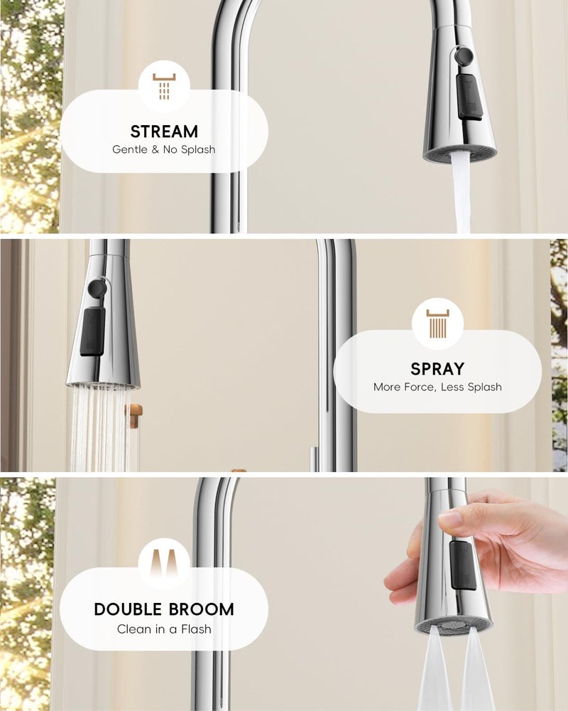 DAYONE Chrome Kitchen Faucet with Pull Down Sprayer, Single Handle Kitchen Mixer with 3 Water Modes Stainless Steel Kitchen Taps - Image 4