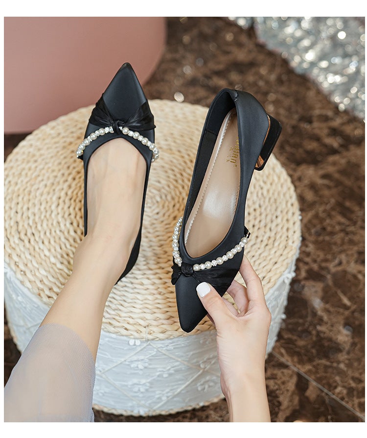 Women's Pointed Toe Slingback Shoes with Pearl Rhinestone Mid Chunky Heel Korean Style Plus Size - Image 4