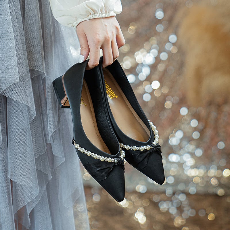 Women's Pointed Toe Slingback Shoes with Pearl Rhinestone Mid Chunky Heel Korean Style Plus Size - Image 1