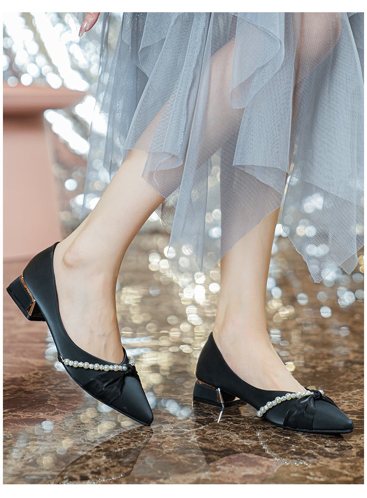 Women's Pointed Toe Slingback Shoes with Pearl Rhinestone Mid Chunky Heel Korean Style Plus Size - Image 2