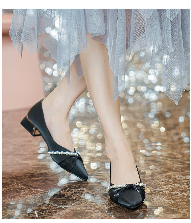 Women's Pointed Toe Slingback Shoes with Pearl Rhinestone Mid Chunky Heel Korean Style Plus Size - Image 3