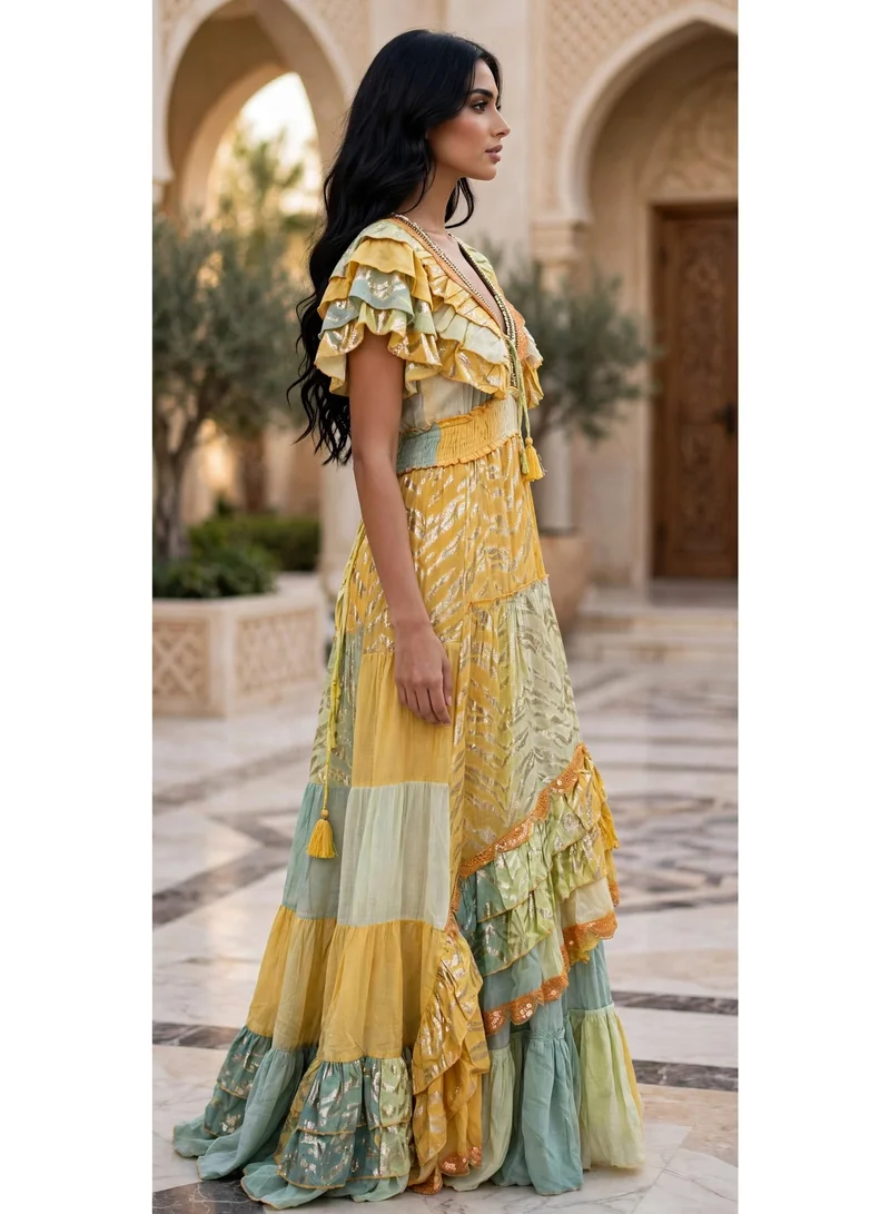 Ikkxa  Tiered Metallic V Neck Maxi Jalabiya for Women | Best Price UAE