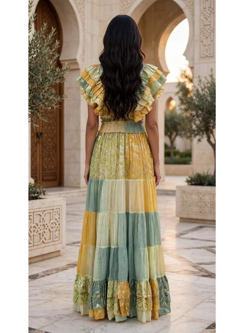 Ikkxa  Tiered Metallic V Neck Maxi Jalabiya for Women | Best Price UAE