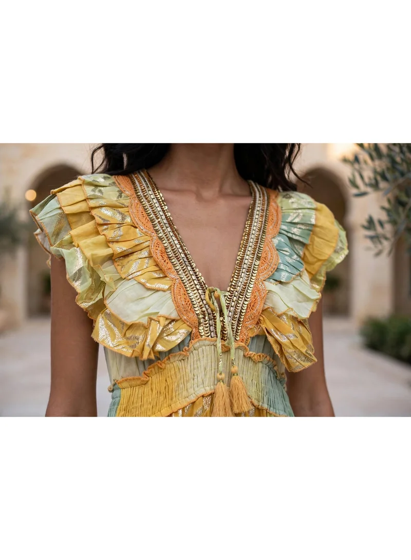 Ikkxa  Tiered Metallic V Neck Maxi Jalabiya for Women | Best Price UAE