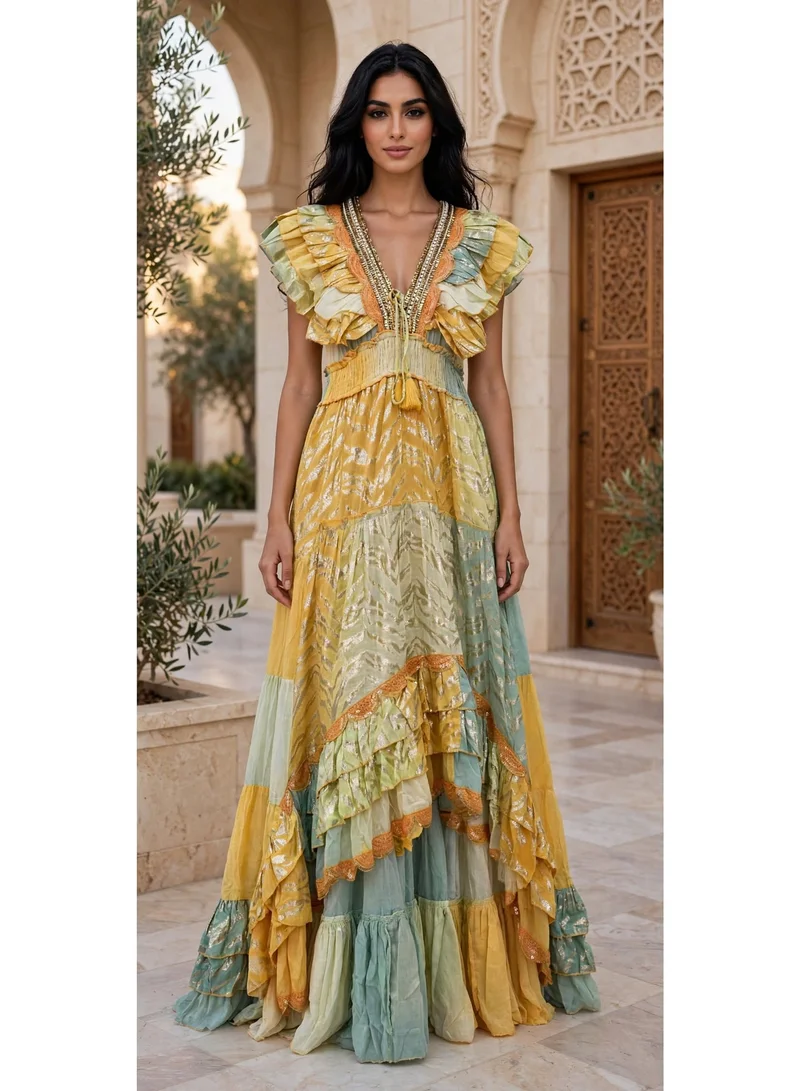 Tiered Metallic V Neck Maxi Jalabiya
