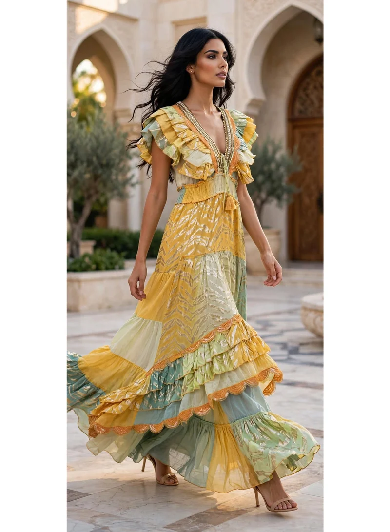 Ikkxa  Tiered Metallic V Neck Maxi Jalabiya for Women | Best Price UAE