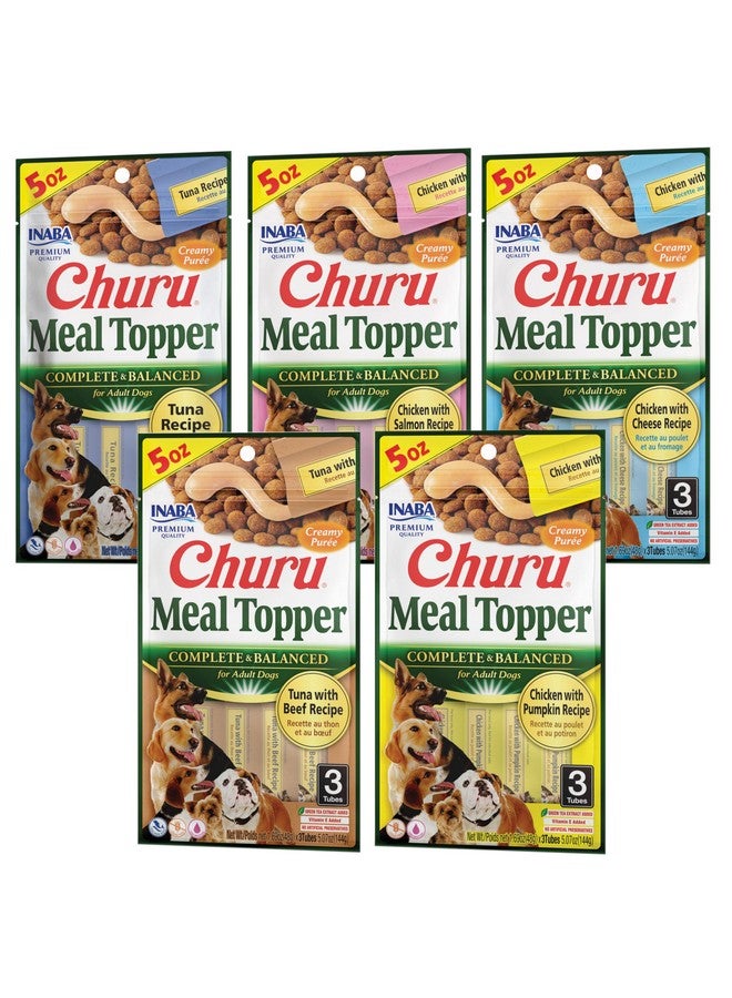 INABA Churu Meal Topper For Dogs, Complete & Balanced, Creamy, Lickable Purée Dog Food Toppers, 1.69 Ounce Tube, 15 Tubes (3 Per Pack), 5 Flavor Variety Pack - Image 1