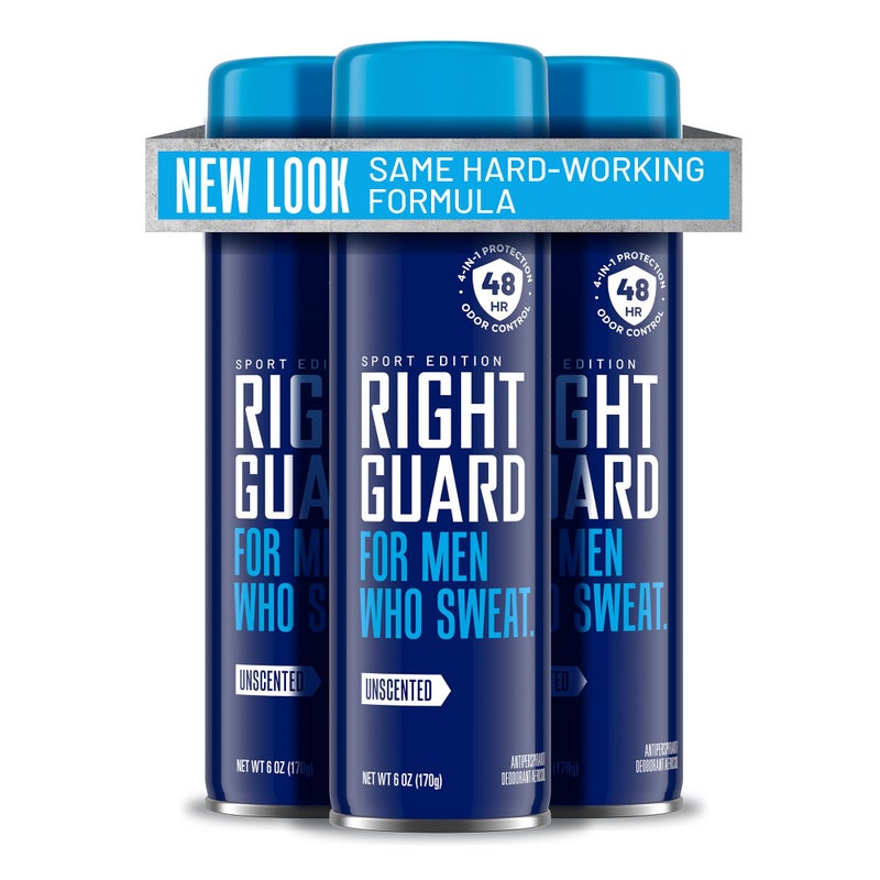 Right Guard سبراي مضاد للتعرق ومزيل عرق غير معطر من رايت غارد سبورت - سبراي مزيل عرق 4 في 1 لحماية الرجال، يمنع التعرق، حماية من الروائح لمدة 48 ساعة، سريع الجفاف، وطويل الأمد، 6 أونصات (عبوة 3) - Image 1