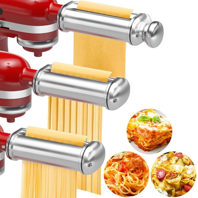 PASTA MAKER ATTACHMENT FOR ALL KITCHENAID STAND MIXERS 3 PCS KITCHEN AID PASTA ATTACHMENTS INCLUDED PASTA DOUGH ROLLER FETTUCCINE CUTTER SPAGHETTI CUTTER AND CLEANING BRUSH